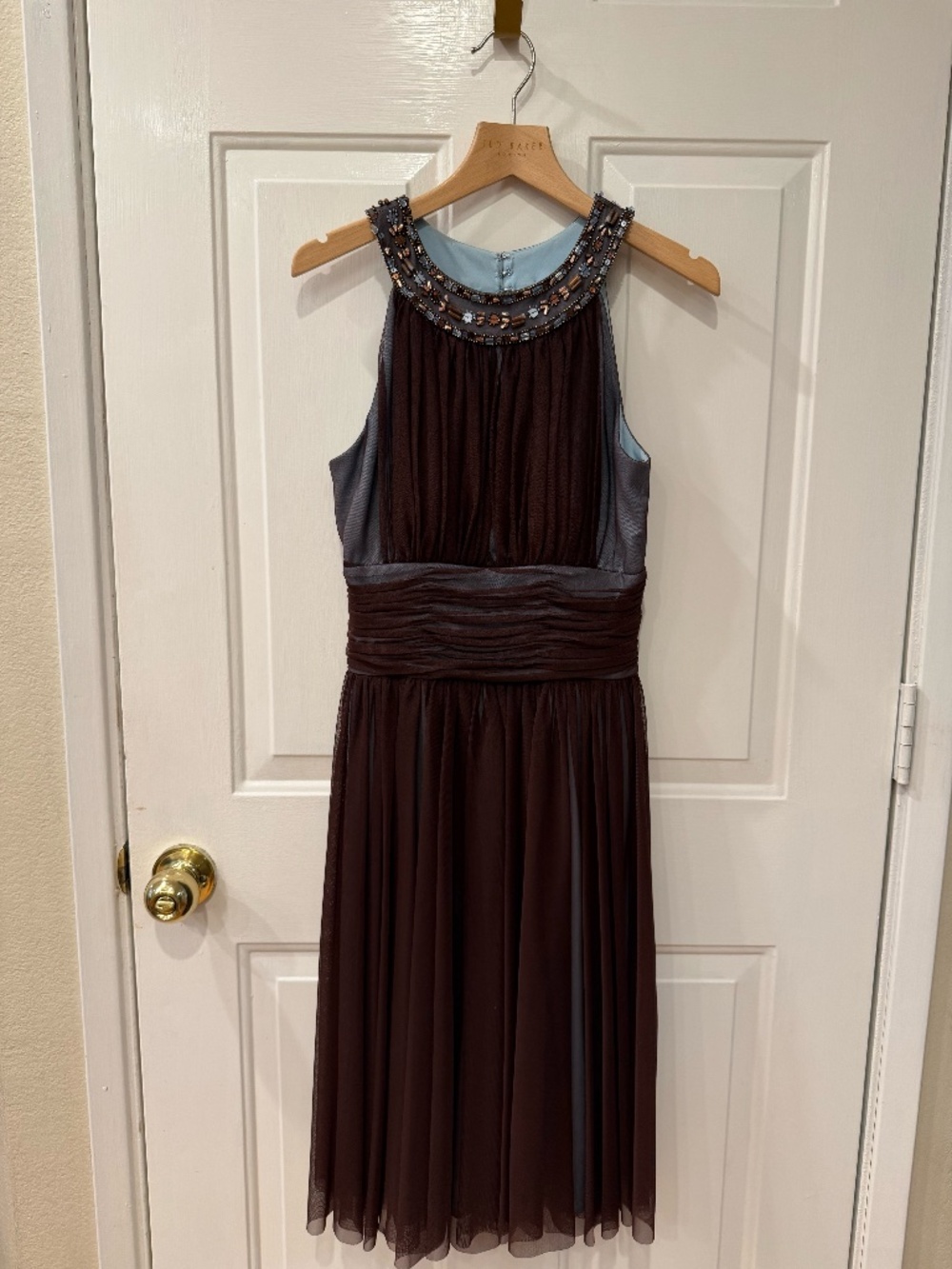 women's occasion dress - baby blue and brown chiffon dress size small